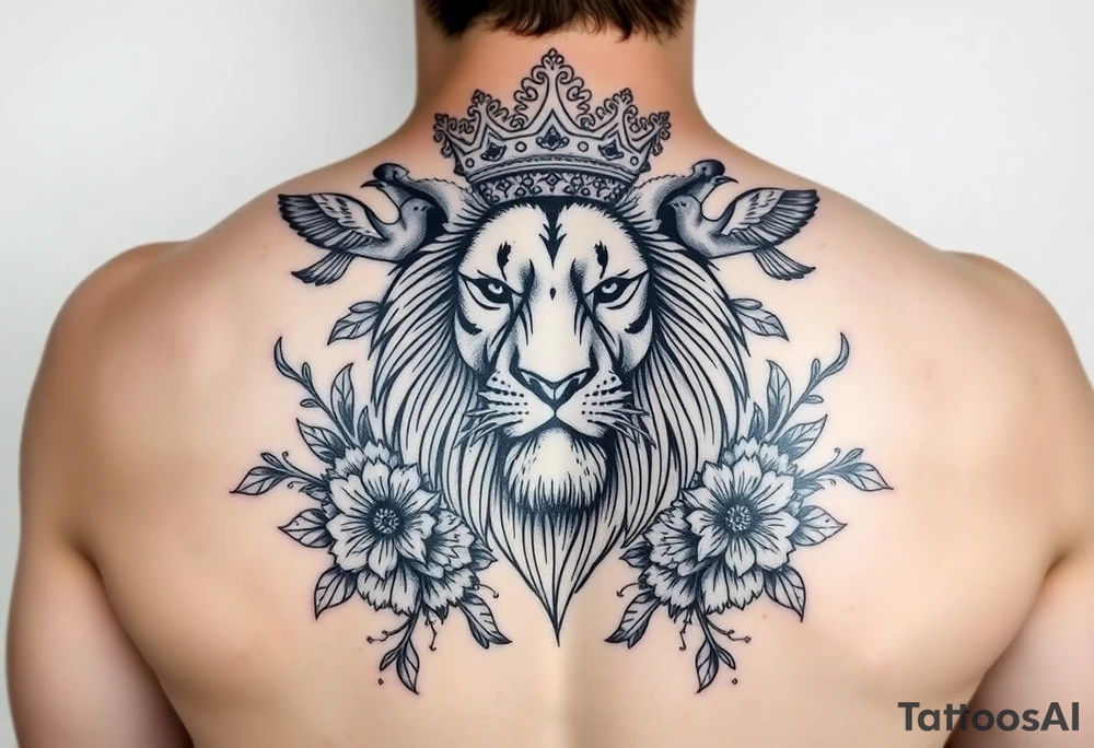 powerful majestic lion with a crown, surrounded by floral ornaments and birds tattoo idea