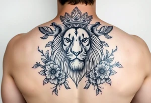 powerful majestic lion with a crown, surrounded by floral ornaments and birds tattoo idea