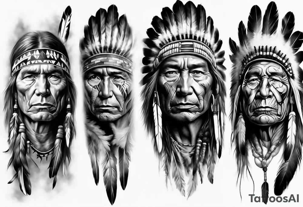 Native American theme man face photorealistic sleeve tattoo idea