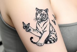 Tiger sitting down with paw up and on the paw is sitting a butterfly and there’s two butterflies on each side tattoo idea