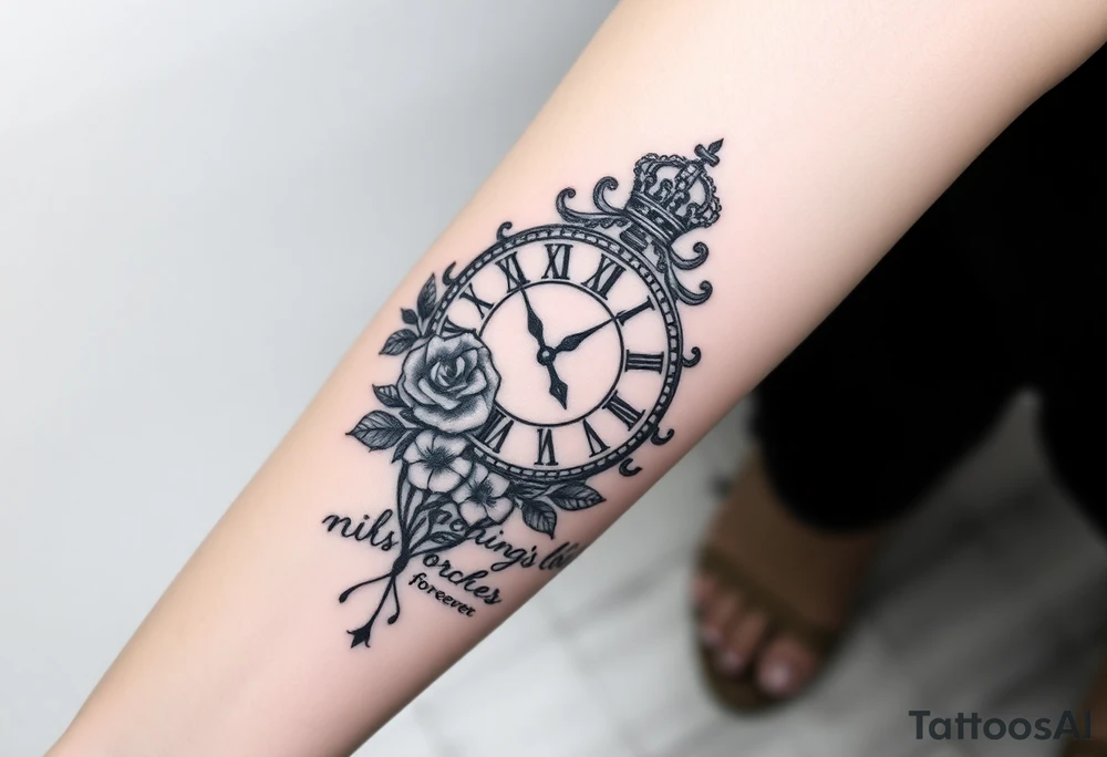 Roman clock with roses and a crown,  a quote that says nothings forever. and on the bottom a deck of cards tattoo idea