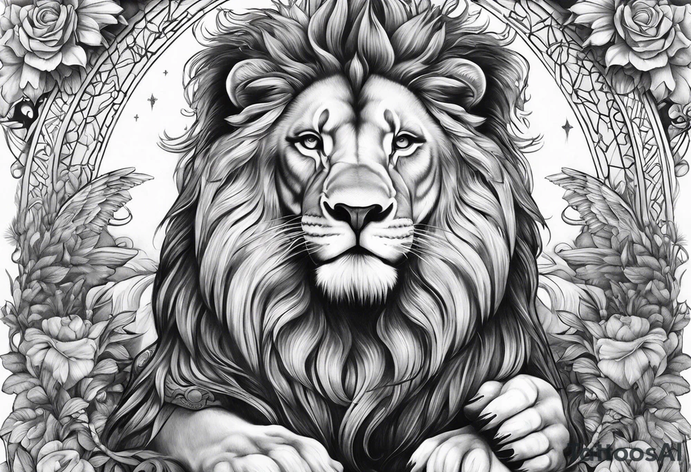 Full sleeve with Lion, cross, praying hands, Scarlett, Faith, angels gods tattoo idea