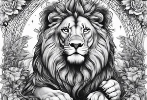 Full sleeve with Lion, cross, praying hands, Scarlett, Faith, angels gods tattoo idea