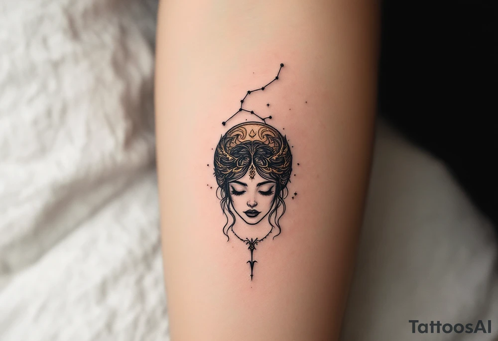 A minimal Virgo constellation in jet black connects above a fine-line portrait of the Virgo zodiac symbol in bronze. tattoo idea
