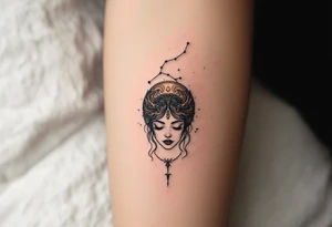 A minimal Virgo constellation in jet black connects above a fine-line portrait of the Virgo zodiac symbol in bronze. tattoo idea
