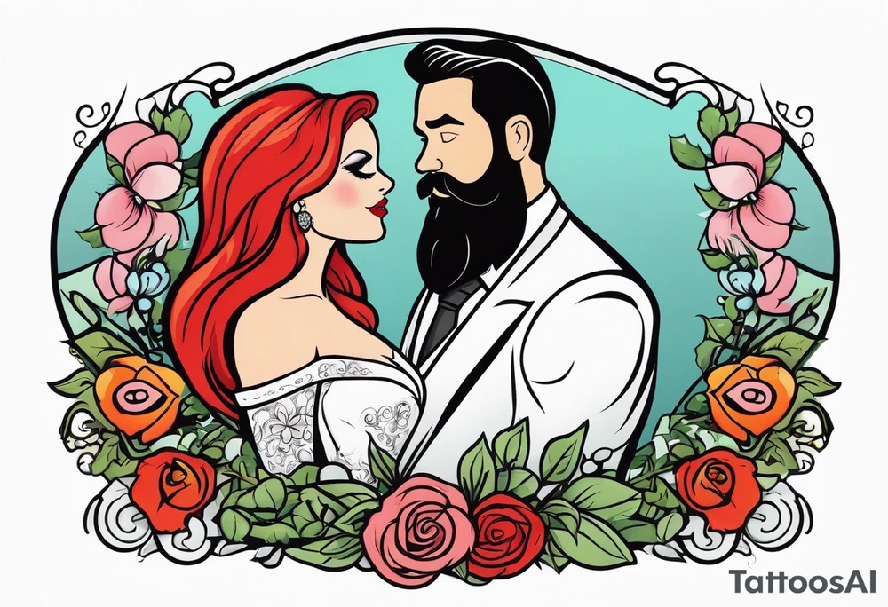 Busty red haired woman and a bearded man with black hair getting married tattoo idea
