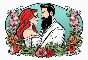 Busty red haired woman and a bearded man with black hair getting married tattoo idea