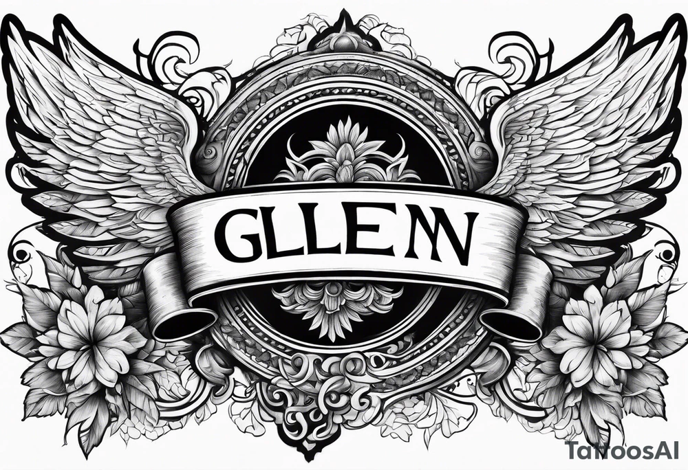 The word Glenn on a banner with angel Wings tattoo idea