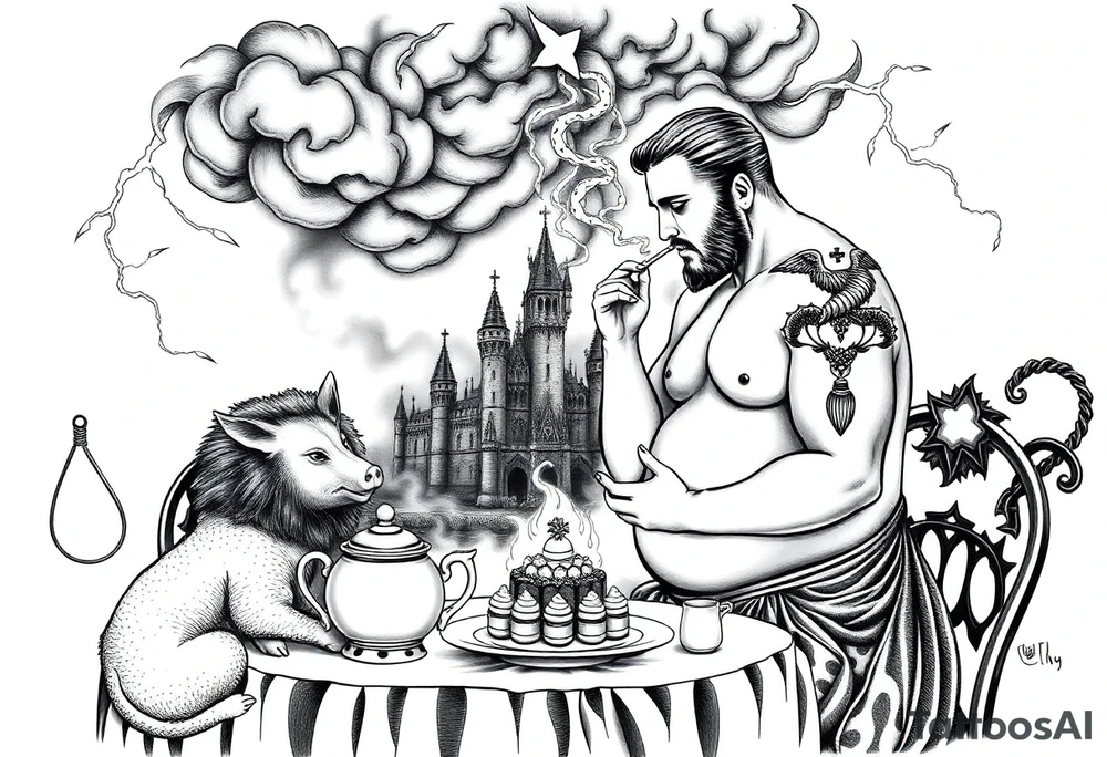 Naked Man having sex Storm lightening clouds gothic sexy naked fat lady having a tea party with tea pot and medieval castle
with a pig, peacock, noose, lion, goat, smoking cigerettes looking in the mirror eating a cake thru storm clouds with razor blades and broken hearts and darkness and wrath, envy , gluttony, greed, sloth, pride kill tattoo idea