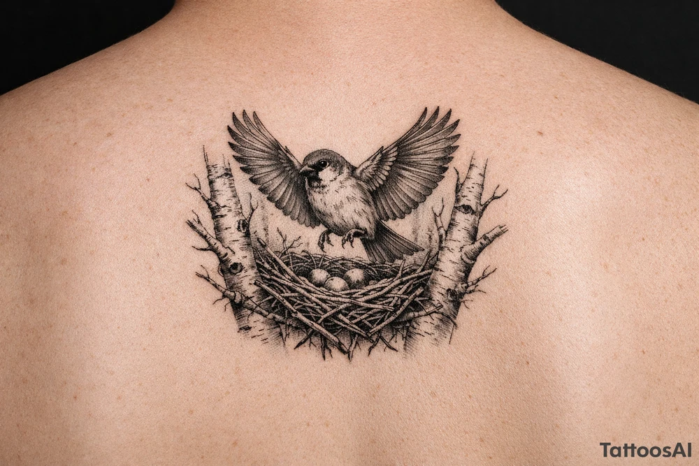 fine line black and grey tattoo of a detailed sparrow taking flight from a simple nest nestled in silver birch branches tattoo idea