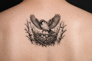 fine line black and grey tattoo of a detailed sparrow taking flight from a simple nest nestled in silver birch branches tattoo idea