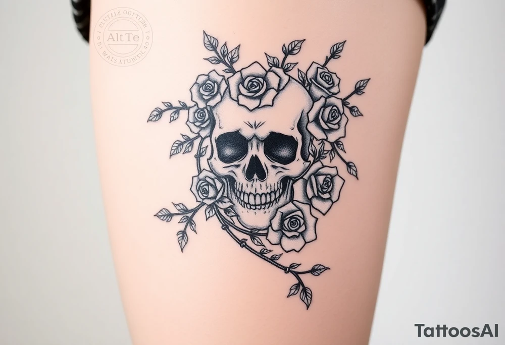 gothic skull intertwined with climbing roses and thorny vines tattoo idea