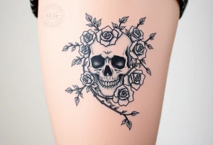 gothic skull intertwined with climbing roses and thorny vines tattoo idea
