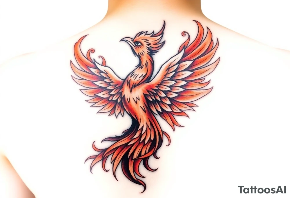 Anime-style phoenix tattoo in the art style of One Piece — bold dynamic linework, exaggerated expressive features, vibrant fiery colors, swirling flames, detailed feathers with dramatic shading, powerful stance rising upward, epic energy aura, manga-style highlights, high-contrast shading, clean tattoo-friendly design, crisp outlines, symmetrical flow, body-art composition, glowing embers, dramatic motion, One Piece anime aesthetics. tattoo idea