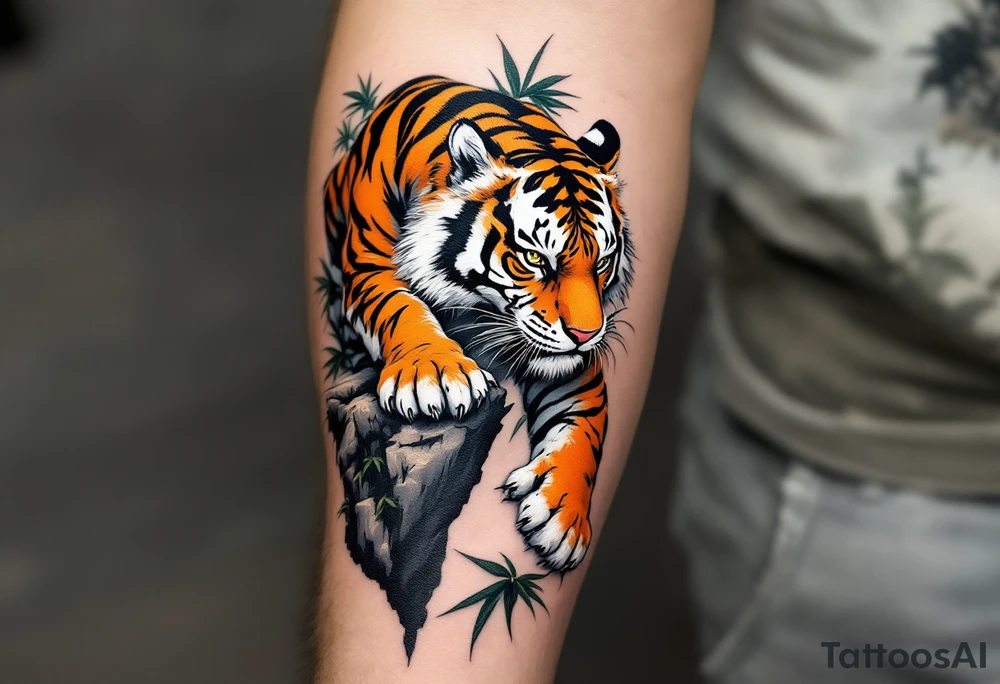 A black ink tiger with orange and white fur climbing down a cliffside with bamboo leaves. tattoo idea