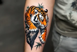 A black ink tiger with orange and white fur climbing down a cliffside with bamboo leaves. tattoo idea