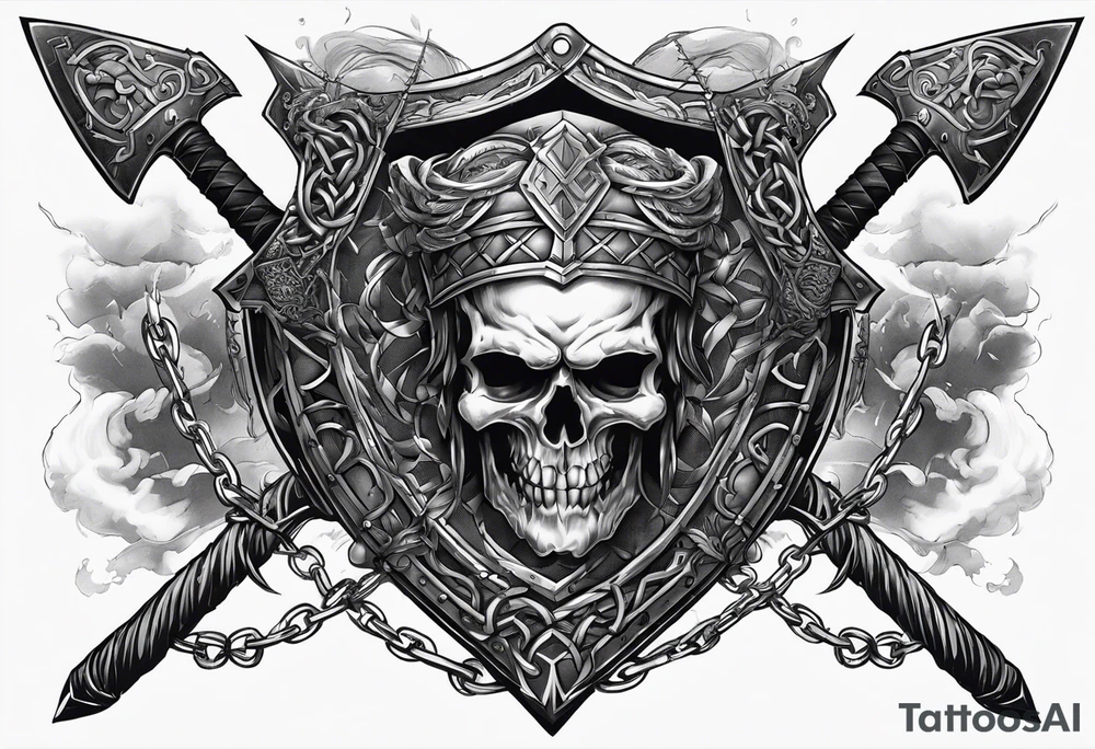 Valhalla sword shield axe barbed wire chains dark cloud tattoo idea