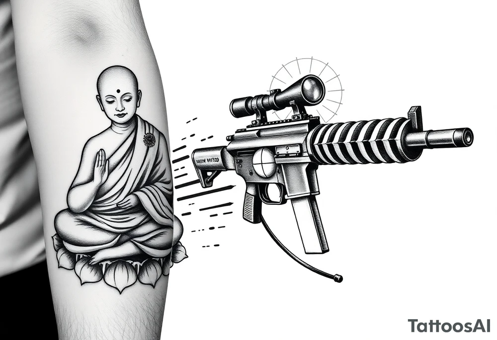 "Black ink tattoo fusing war and enlightenment:  
1. LEFT SIDE: Hyper-detailed Buddhist monk in lotus pose (dotwork shading)  
2. RIGHT SIDE: Maxim M1910 machine gun (geometric outline)  
3. TRANSITION ZONE:  
   - Monk's robes dissolve into bullet belts  
   - Prayer beads become ammunition links  
   - Third eye aligns with gun sights  

Key details:  
- Mirror embedded in gun's scope (reflects wearer's eye)  
- Micro-text along barrel: *"Пустота стреляет"* (0.3mm font)  
- Mandala-shaped muzzle flash  

Style: Neo-tribal meets ukiyo-e. Size: 15cm forearm sleeve. No colors." tattoo idea