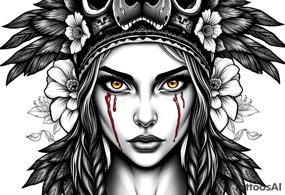 Young Symmetrical Beautiful Woman, looking forward, with colored eyes, shedding a tear, with battle scars and blood on face, with soft look, wearing a mean looking bear headdress on head, with flower background tattoo idea