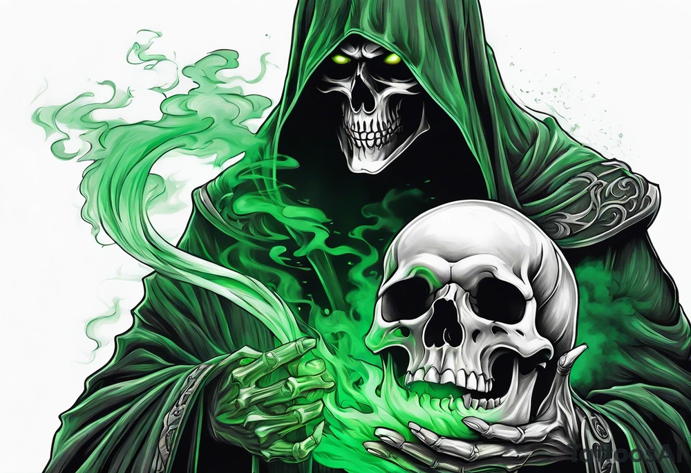 Grim Reaper holding a skull with green ethereal smoke white background tattoo idea