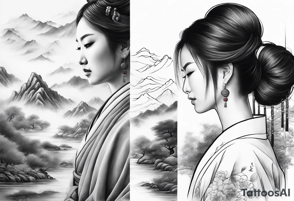 forearm sleeve traditional chinese art painting style autumn mountains mist fog water Chinese temple female with pony tail wearing robes meditating in the distance tattoo idea