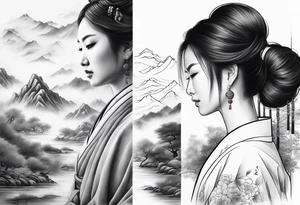 forearm sleeve traditional chinese art painting style autumn mountains mist fog water Chinese temple female with pony tail wearing robes meditating in the distance tattoo idea