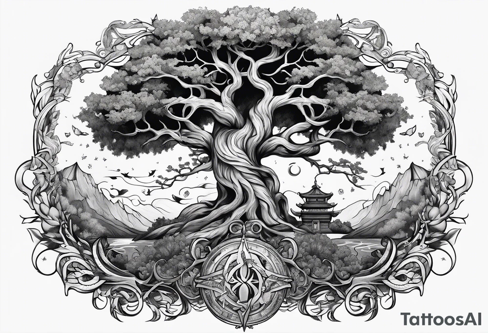 Yggdrasil growing around pisces astrology sign and a long sword underneath tattoo idea