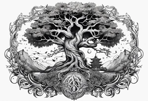 Yggdrasil growing around pisces astrology sign and a long sword underneath tattoo idea