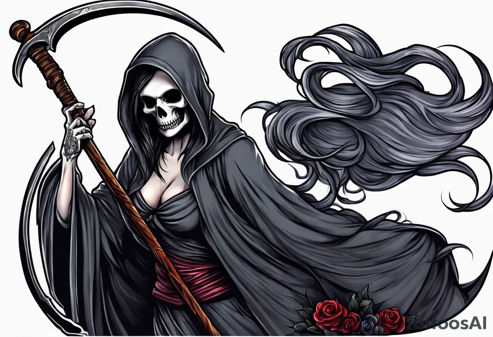 A feminine grim reaper holding a scythe tattoo idea