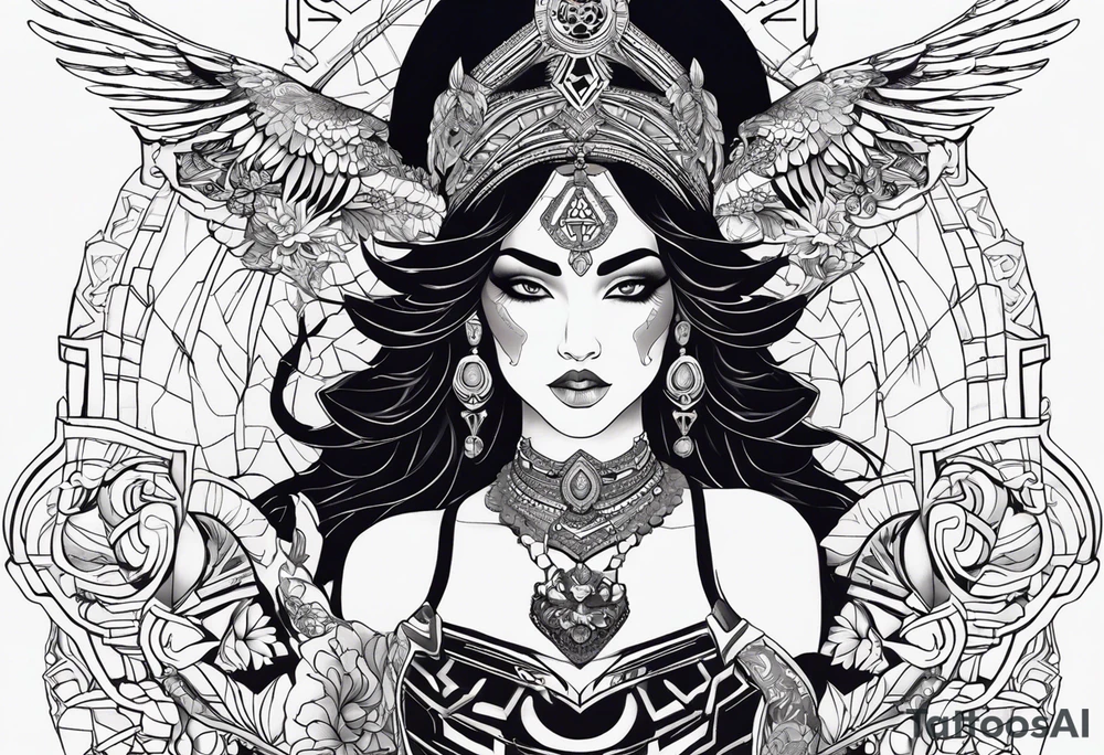 kali ma, alien goddess, valkrye, aries, pirate, divine feminine, zenza resonance, pachamama, lotus azul, blank panther, eagle, skull, 5D, nueva gaya, dna 12, left side chest tatoo tattoo idea