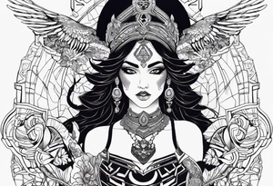 kali ma, alien goddess, valkrye, aries, pirate, divine feminine, zenza resonance, pachamama, lotus azul, blank panther, eagle, skull, 5D, nueva gaya, dna 12, left side chest tatoo tattoo idea