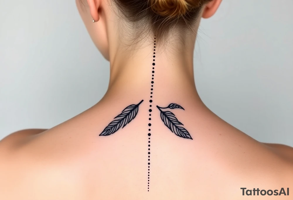 Thin spinal tattoo following down the spine in a native style with multiple different lengths flowing lines made of a discreet connection of morse code ".--- .- --.     .-.. ... -.- .- .-.   -.. .. --.     .-.. .. .-.. .-.. . -... .-. --- .-. connected to flowing feathers tattoo idea