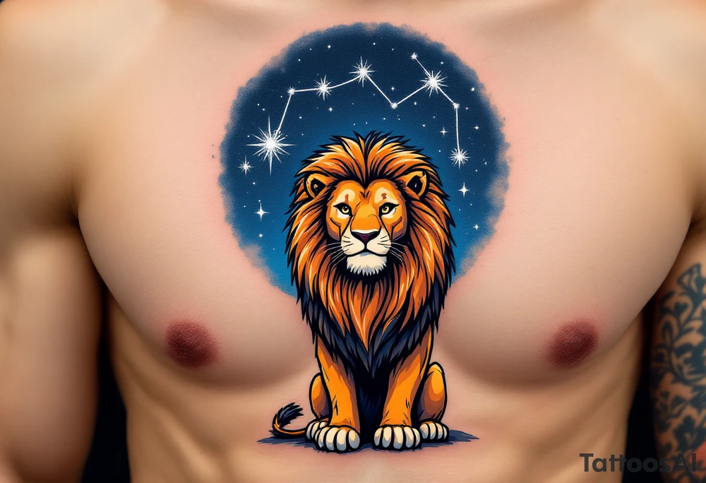 A proud lion stands under a night sky shaded in navy, with the Leo star constellation highlighted in silver stardust above. tattoo idea