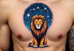 A proud lion stands under a night sky shaded in navy, with the Leo star constellation highlighted in silver stardust above. tattoo idea