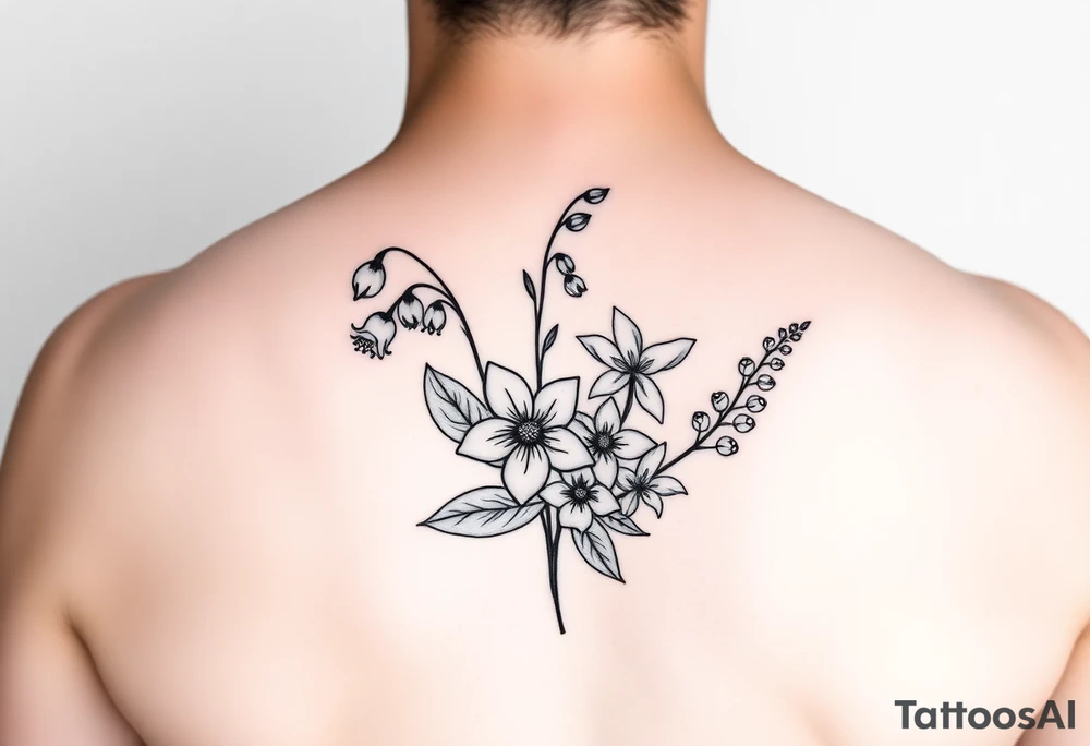 Minimalist design in black bunch of flowers 1 lily of the valley 1 daffodil 1 holly 1 larkspur tattoo idea
