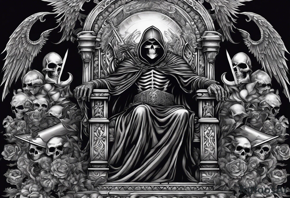 The grim reaper on a large throne of skulls .

Holding guns .


Next to the throne is a cerebus

Powerful demon commander faces a powerful angel commander in the centre of the tattoo idea