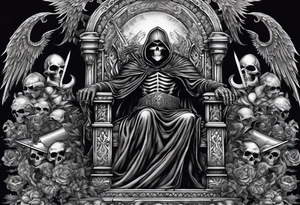 The grim reaper on a large throne of skulls .

Holding guns .


Next to the throne is a cerebus

Powerful demon commander faces a powerful angel commander in the centre of the tattoo idea