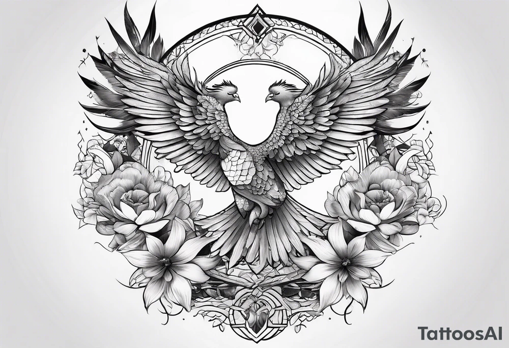 Sleeve with Libra and Phoenix with flowers tattoo idea