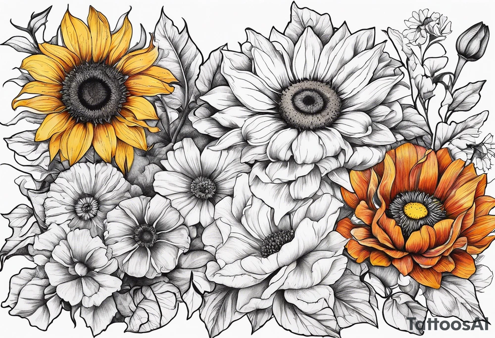 Sunflower, zinnia, poppy, morning glory tattoo idea