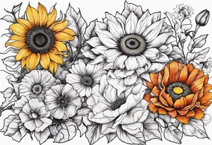 Sunflower, zinnia, poppy, morning glory tattoo idea