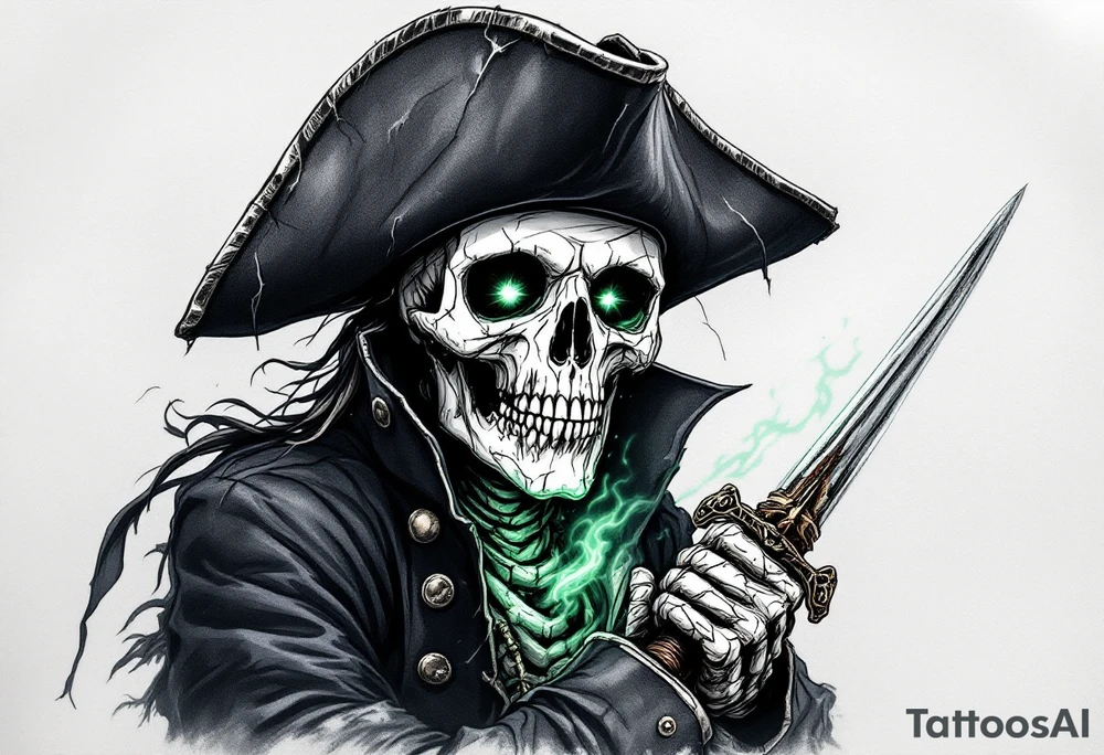 Ghost Captain’s Curse – A skeletal pirate captain with a tattered black tricorn hat and a rotting navy coat, gripping a rusty cutlass. His hollow eye sockets with an mist, and a ghostly green aura swirls around him. tattoo idea