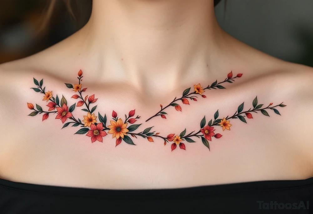 Two separate collarbone tattoos of long, stems and branches covered with red, orange, yellow and dark forest green leaves and flowers, fall themed, muted, delicate and gentle but moody, long and thin, following the collarbone. More muted, not so bright, darker colors tattoo idea