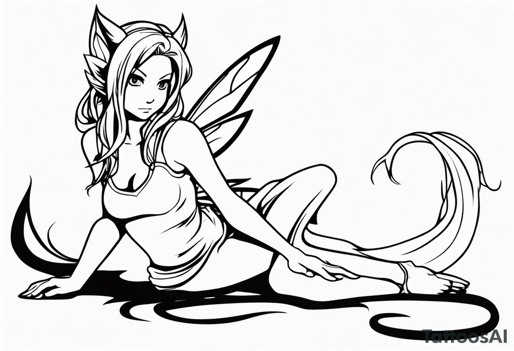 No background and no color sketch of a fairy with a tail inspired by the guild symbol in the anime show called Fairy Tail in a fetal position leaning in and forward while crawled in tattoo idea