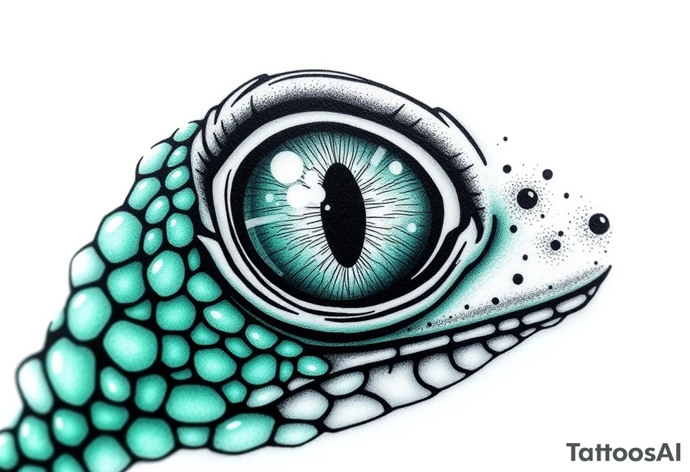 "A hyper-detailed close-up of a lizard eye, realistic scales texture, emerald green and black ink style, small tattoo design (3-5 cm), sharp lines, stippling shading, minimalist background, high contrast, suitable for forearm or wrist. Trending on Pinterest, Behance. Do not include full face, only the eye area. tattoo idea