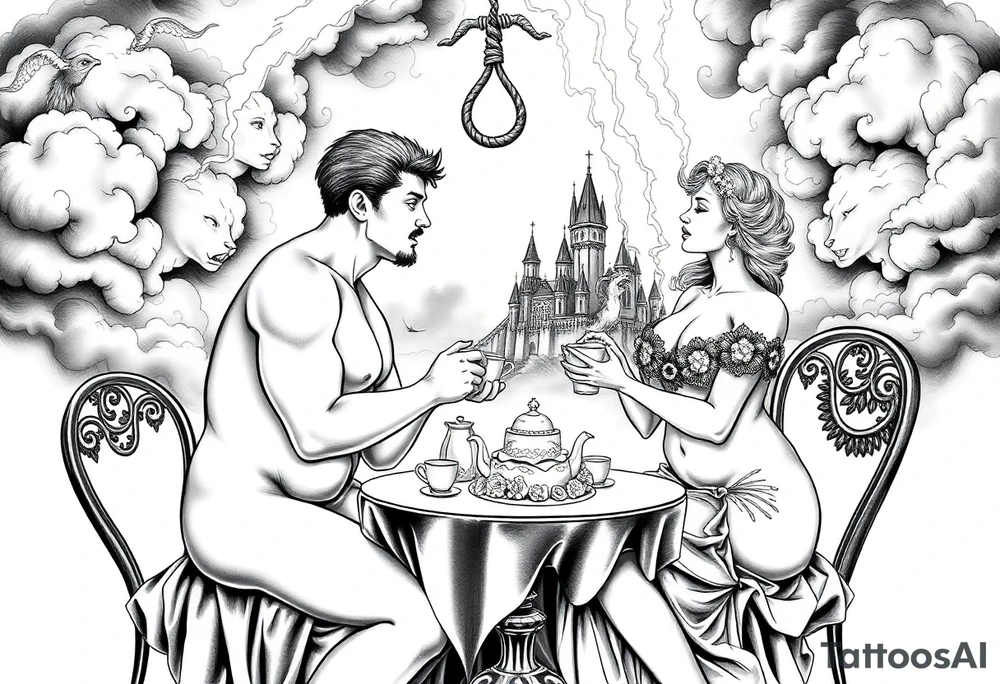 Naked Man and woman having sex Storm lightening clouds gothic sexy naked fat lady having a tea party with tea pot and medieval castle
with a pigglets, peacock, noose, lion, goat, smoking cigerettes looking in the mirror eating a cake thru storm clouds with razor blades and broken hearts and darkness and wrath, envy , gluttony, greed, sloth, pride kill tattoo idea