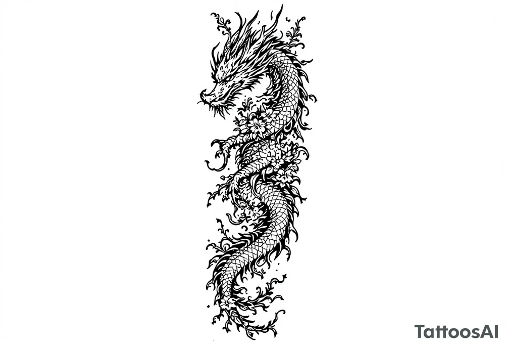 un dragon central entouré de fleurs de lys de style avec des ombrages dans un style assez fin tattoo idea