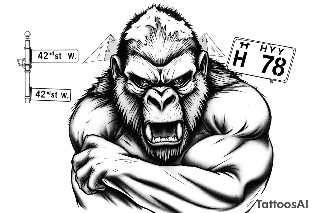 powerful aggressive and angry gorilla with a street sign with a pole on the left that says “42nd st w”, a highway sign on the right that says “HWY 78” and pyramids above the ape’s head that have snow on them all in close proximity. tattoo idea