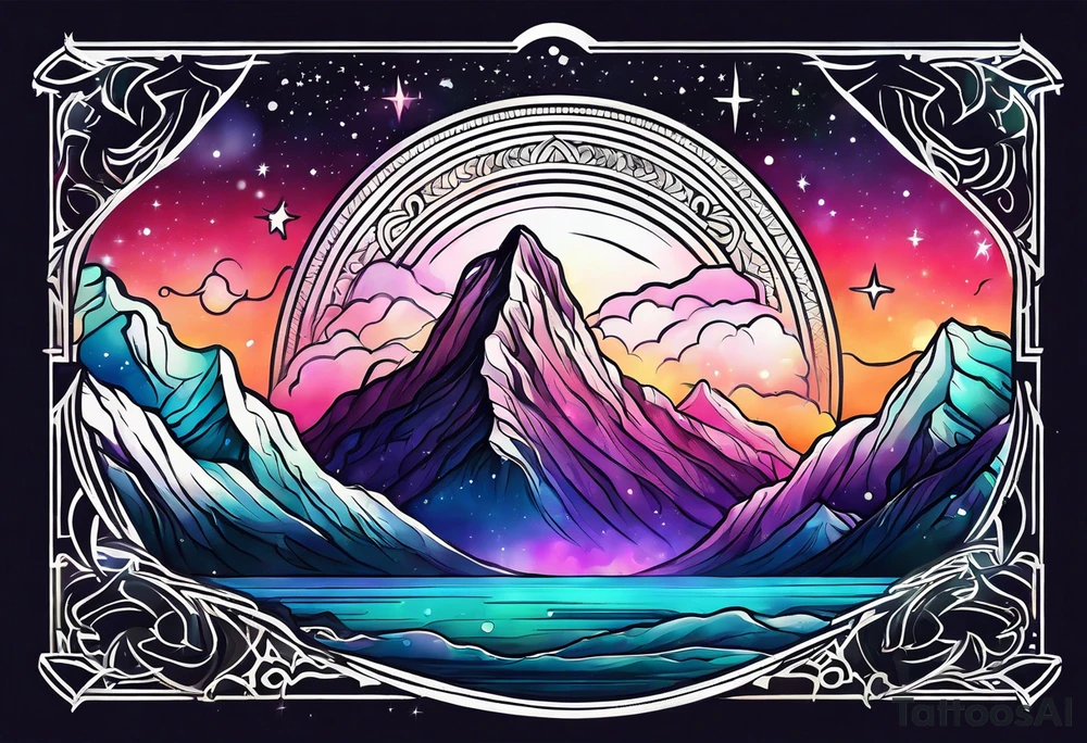 northern lights and mountain  square shaped tattoo idea