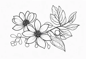 minimalist s-curve of cosmos flower, and rowan tree berries tattoo idea