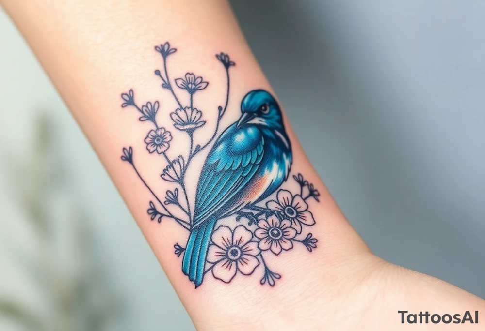 Angry bluebird surrounded by wild flowers tattoo idea